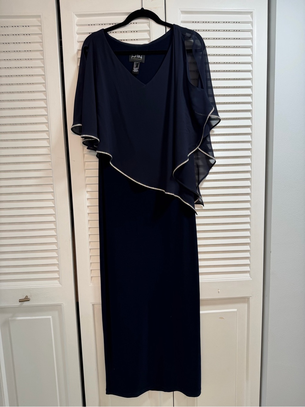 Joseph Ribkoff Signature Midnight Blue Chiffon-Overlay With Crystal Trim Gown